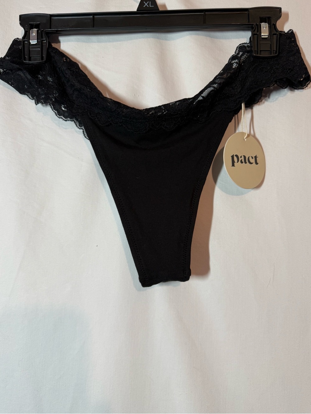 NWT Pact Organic Cotton Lace Waist Thong Panty Black XL
